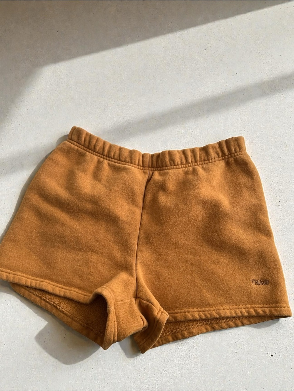 TNA Cozy Fleece Sweat Shorts Caramel Brown Lounge Athletic Minimalist S